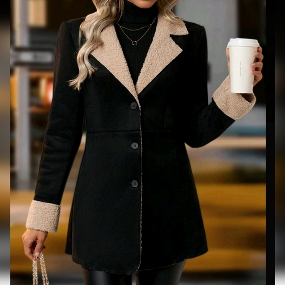 Jackets & Blazers - Women's Warm Turndown Collar Long Sleeve Casual Fluffy Lined Jacket